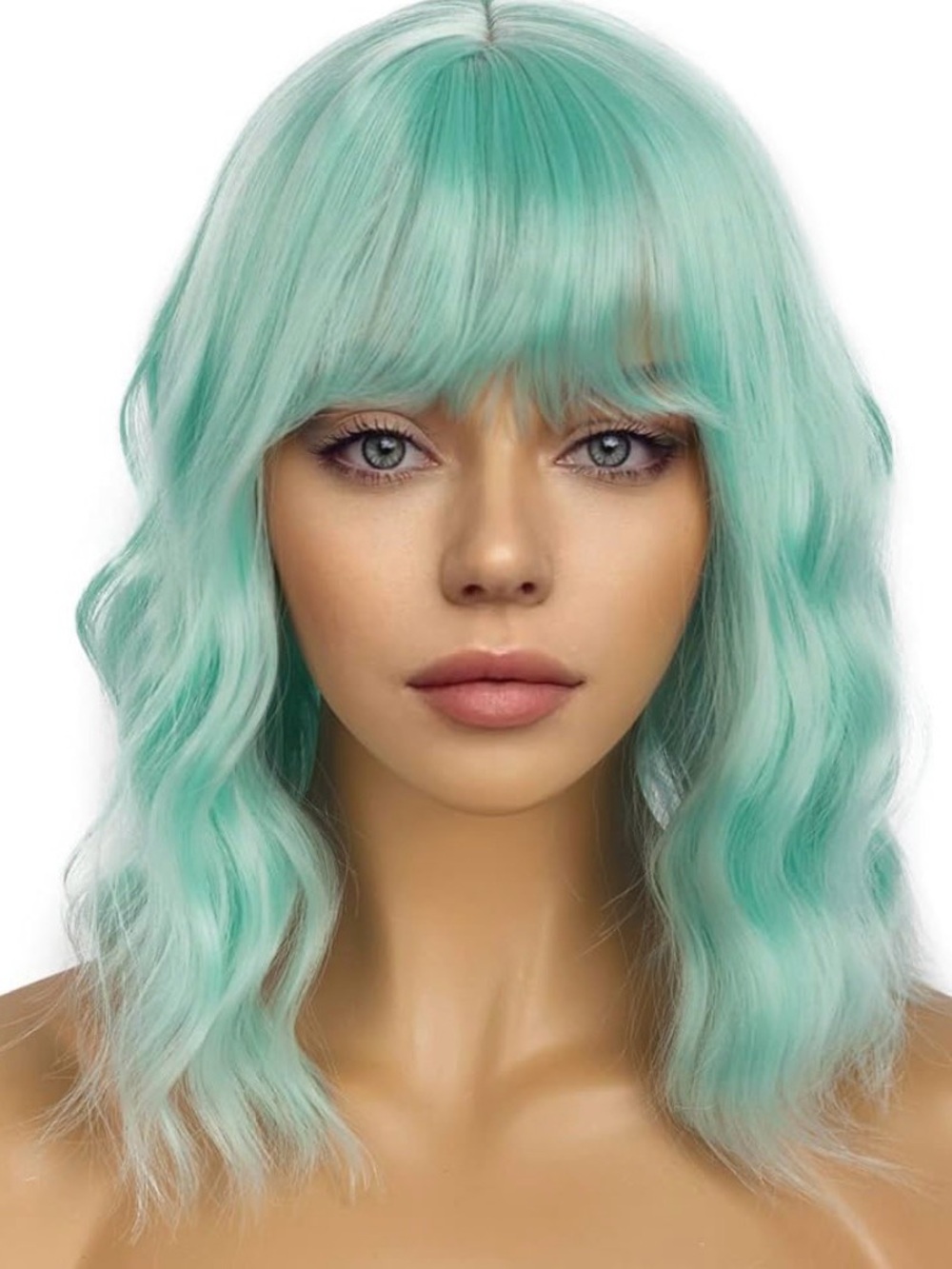 Lancaini Pastel Bob Wigs with Bangs for Women Loose Wavy Wig Pastel Mint Green